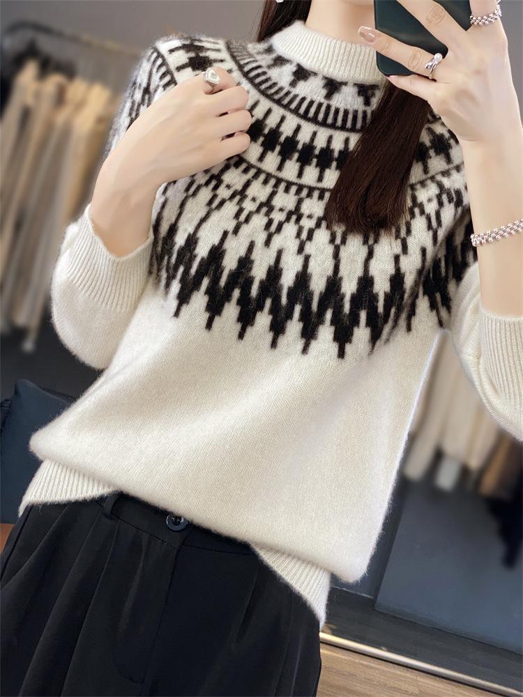 Women's Retro Jacquard Wool Sweater - Thick Loose Fit with Half-High Collar & Long Sleeves for Fall/Winter