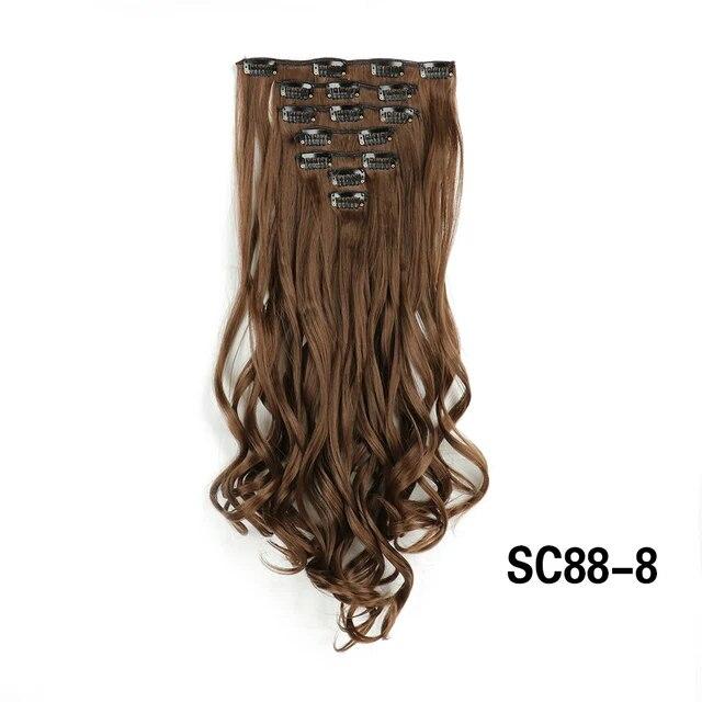Długie kręcone klipsy do przedłużania włosów 16 klipsów syntetyczne naturalne kawałki włosów dla kobiet 7 sztuk/zestaw 24 cale Ombre blond czerwony czarny sztuczne włosy