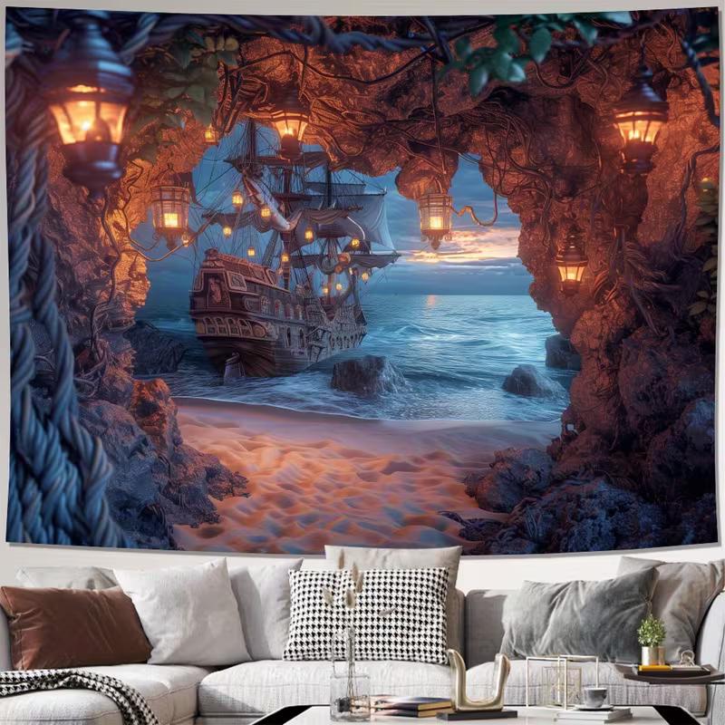 2D Pirate Ship Wall Tapestry, Cave View Ocean Adventure Art Wall Hanging for Home Decoration