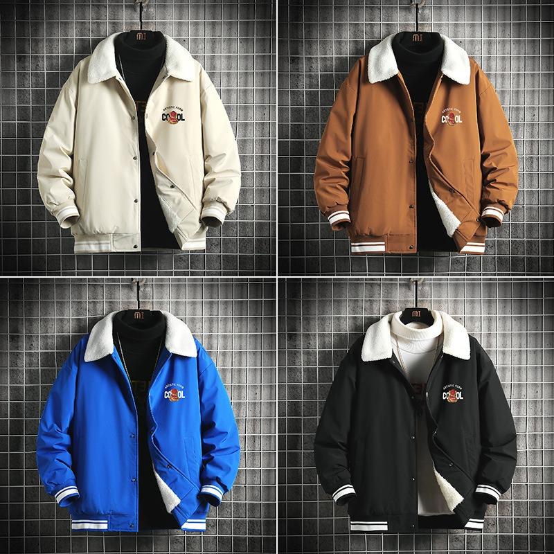 Cotton-padded Men's Autumn and Winter Trendy Brand Lamb Wool Collar Couple Jacket Thickened Warm Cotton-padded Men's Fashion Casual Jacket