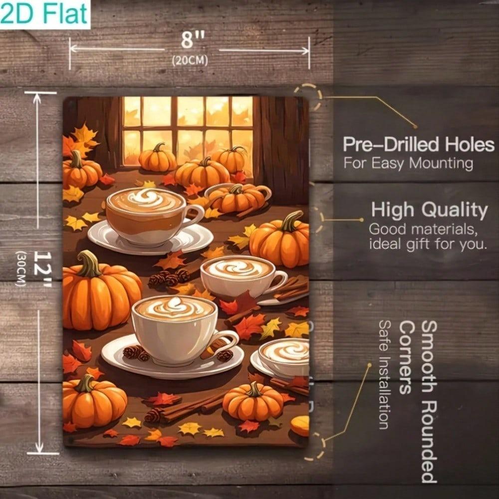 Retro Autumn Pumpkin Latte Tin Sign 8x12, Vintage Cafe Wall Art, Farmhouse Fall Kitchen Decor