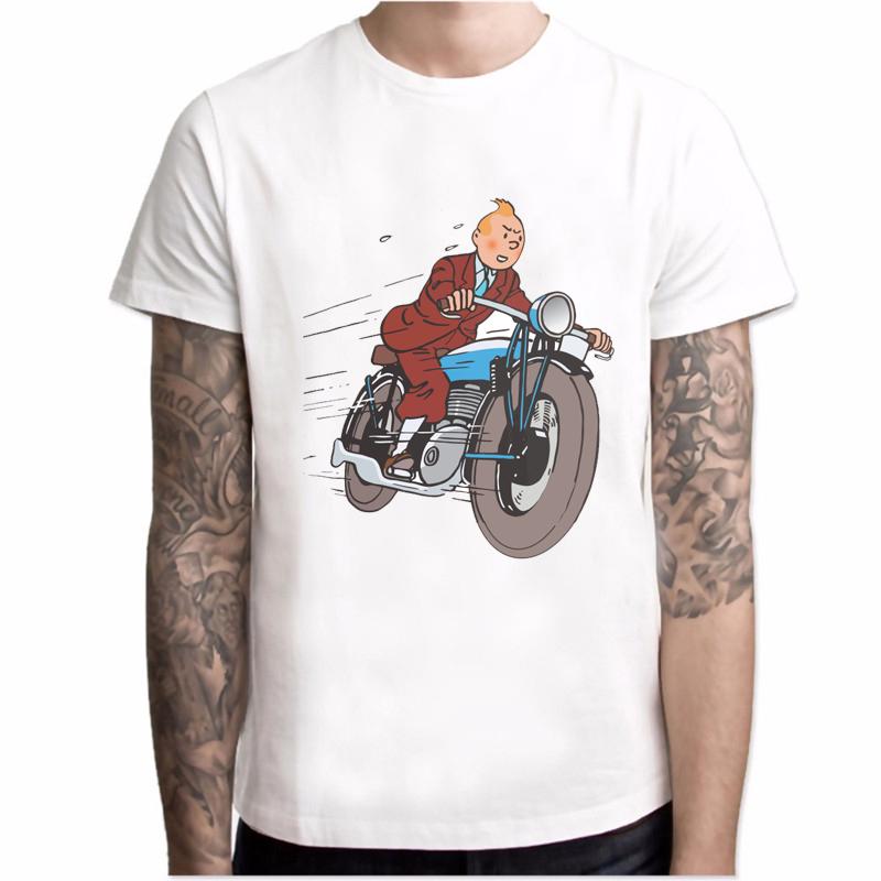 

Мужская футболка с тинтиновым принтом, летняя модная футболка высокого качества, повседневный белый топ с круглым вырезом L белый