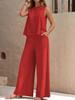 Elegant Solid Color Two-Piece Set: Crew Neck Tank Top & Wide-Leg Pants - Women's Clothing 2026