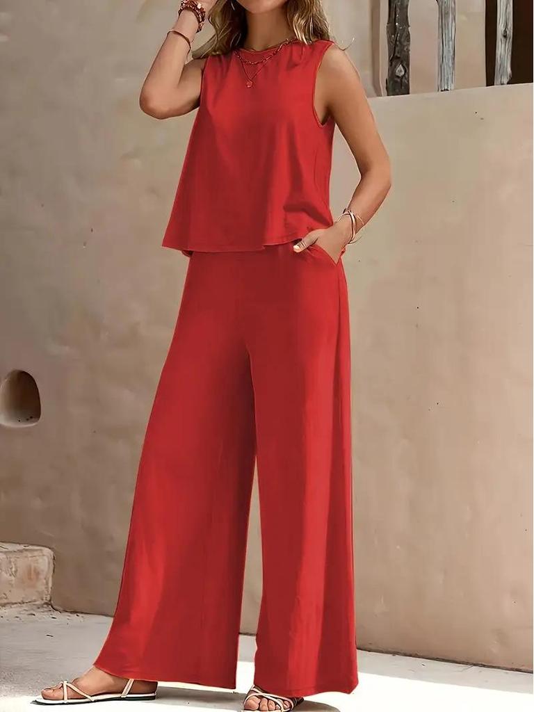Elegant Solid Color Two-Piece Set: Crew Neck Tank Top & Wide-Leg Pants - Women's Clothing 2026