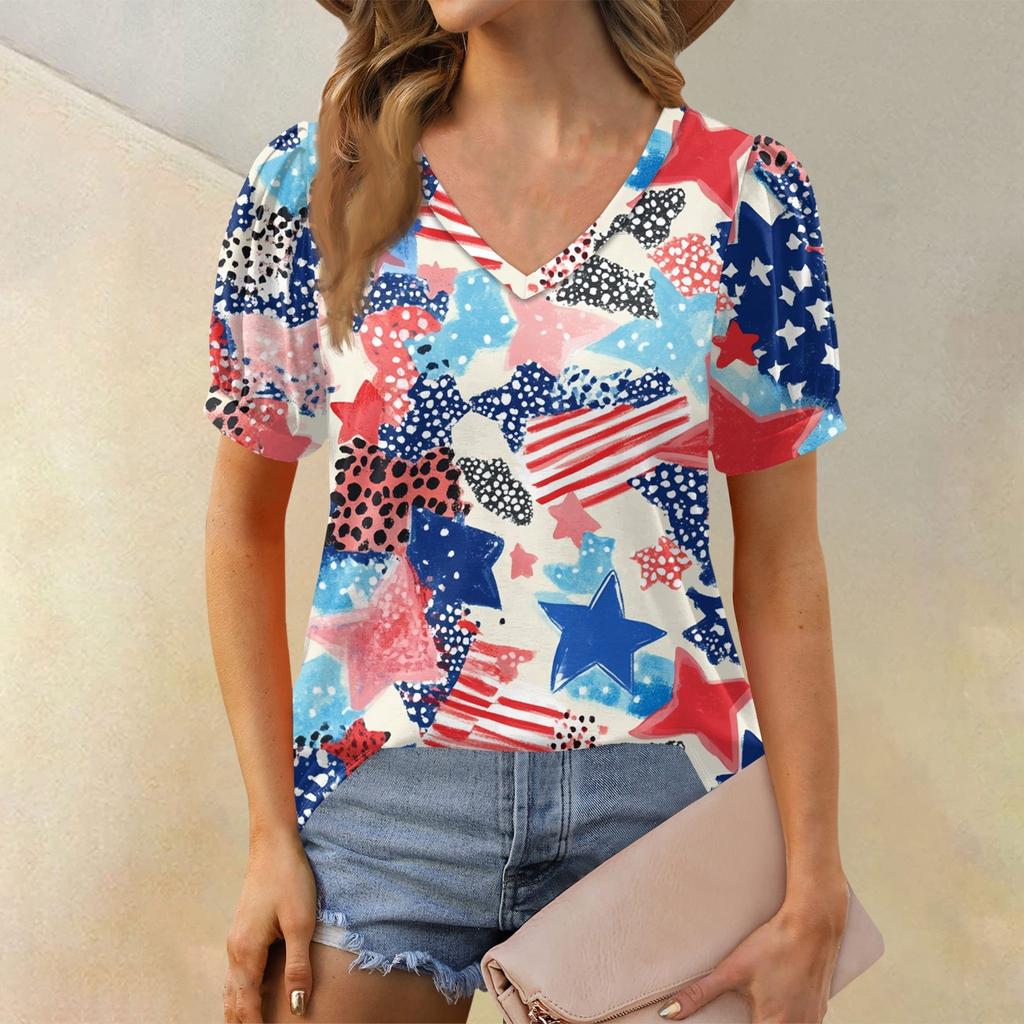 Women's Fashion Independence Day Print Top Puff Short Sleeve V-neck T-shirt Loose Casual T-shirt