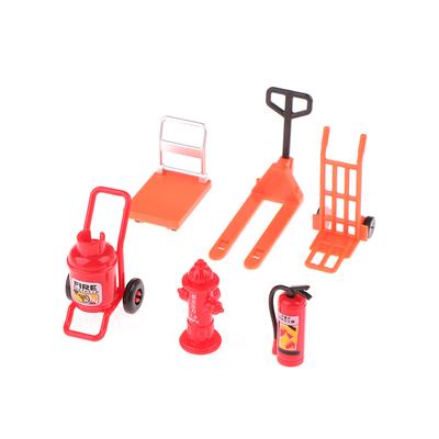 1 conjunto de simulação de casa de bonecas, ferramenta de manuseio de hidrante de incêndio, carrinho de mão em miniatura, empilhadeira, mini plataforma, carrinho de brinquedo, adereços de construção