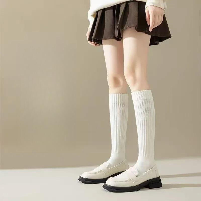 Women Striped Cotton Long Socks Japanese Jk Black White Knee High Stockings Long Tube Leg Solid Color Girls Students Warm Socks