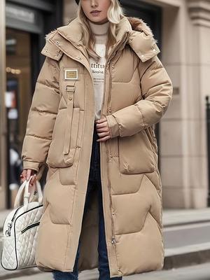 Solid Color Zip-Up Hooded Coat, Versatile Warm Quilted Detail Long Sleeve Mid-length Coat for Winter, Women's Clothing