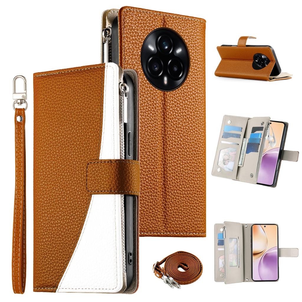 For Realme 14 Pro+ 5G Case Zipper Wallet Color Splicing Leather Flip Phone Cover with Straps