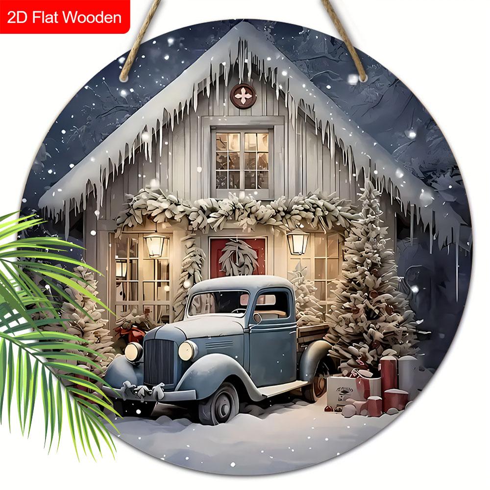 Warm Winter Wooden Christmas Sign with Snowhouse Pattern - Navidad Round Sign for Front Door, Wall Hanging Decor - Ideal Christmas Decoration