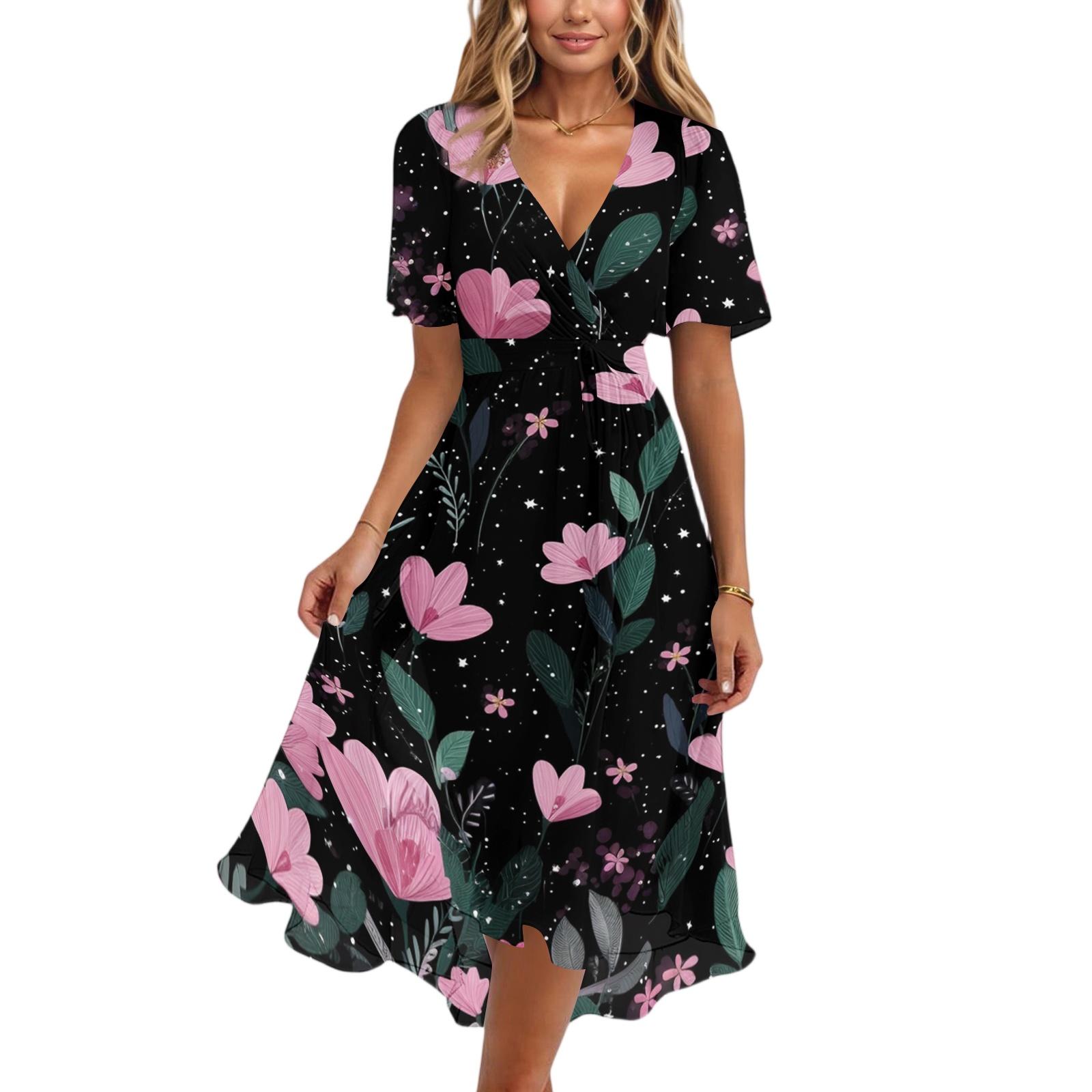 

Women s Casual V Neck Short Sleeve Floral Print Dress Midi Length Wrap Style Summer Dress with Adjustable Waist Tie S тёмно-синий