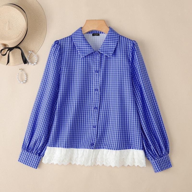 

VONDA Women Turn Down Collar Long Sleeve Patchwork Lace Hem Plaid Casual Shirts Blouse 5XL темно-синий