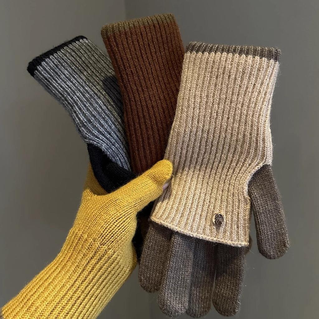 Maillard Winter Dual Use Color Blocked Knitted Wool Gloves for Women's Wool Fingerless Touch Screen Warm Cycling Students