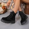Suede Chunky Women Ankle Boots Retro Lace Up Mid Heels Shoes 2025 Trend New Designer Gladiator Winter Motorcycle Botas De Mujer