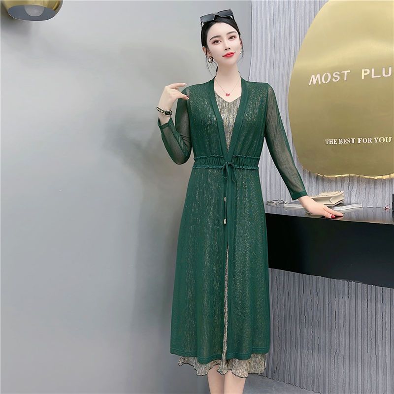 Summer Long Over The Knee Cardigan Women's Plus Size Long Sleeved Solid Color Sunscreen Jacket Slim Lace Waistband Cardigan