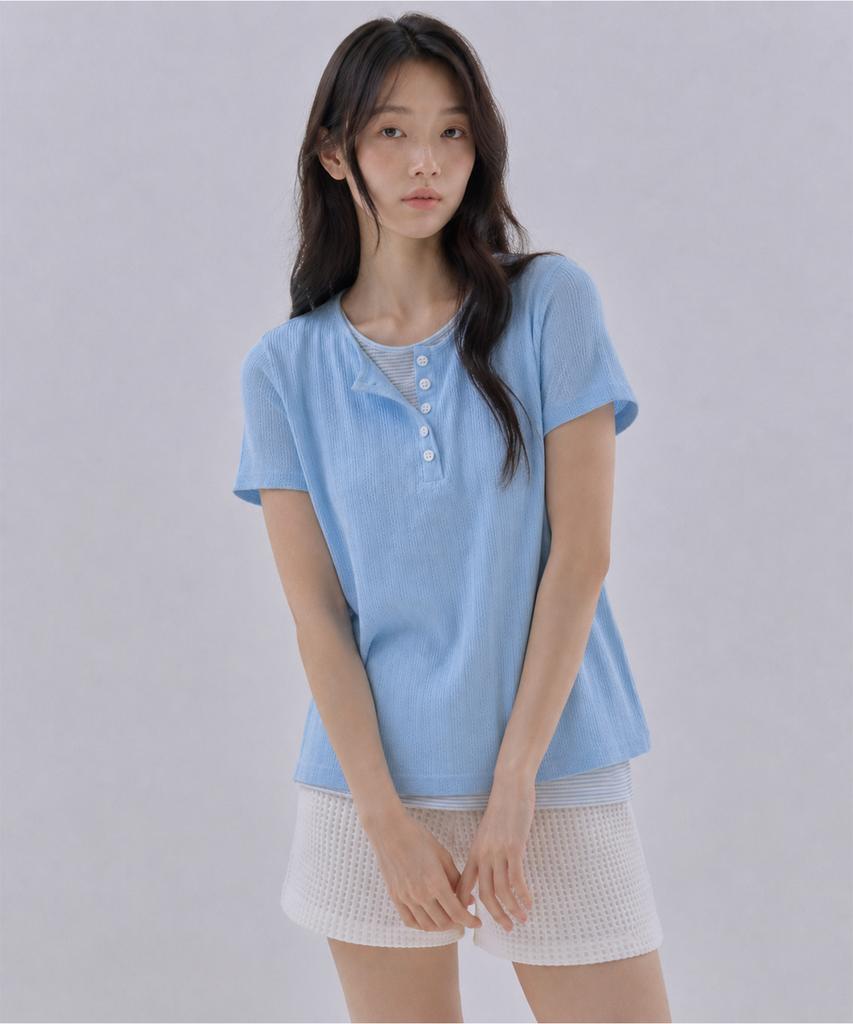 Sayu Soft Layered Henley Neck Short Sleeve Tee Light Blue