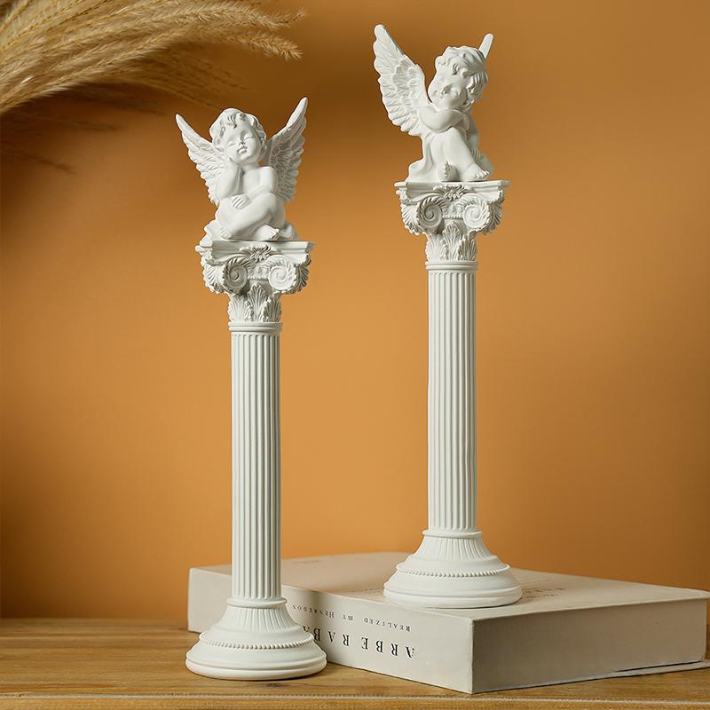 Harz Engel Figuren mit Römischer Säule Putten Statue Flügel Schlafender Denkender Engel für Heim Zimmer Schreibtisch Büro Dekoration