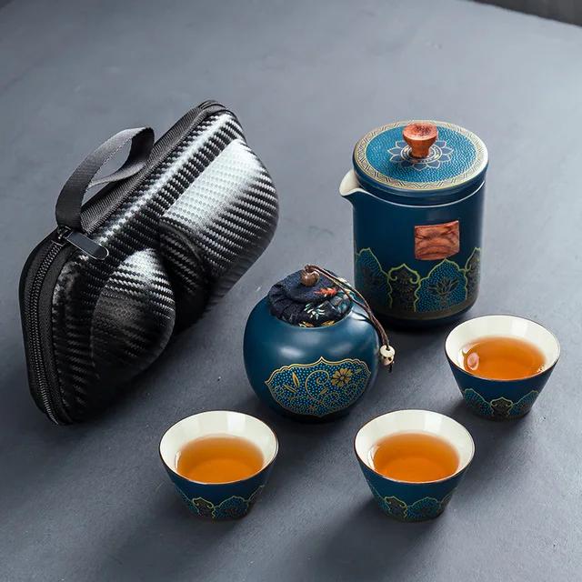 Ceramic Porcelain Kung Fu Tea Set Teaware Outdoor Travel Tea Set Tea Bag Anti-scalding One Pot Three Cups Teapot with Filter