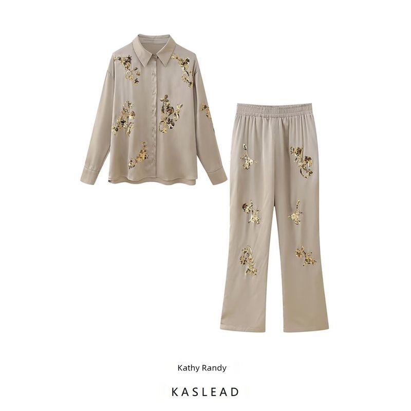 Kaslead New Arrival Women's Fashion Style Sequin Embroider Satin Shirt Casual Straight Trousers Suit