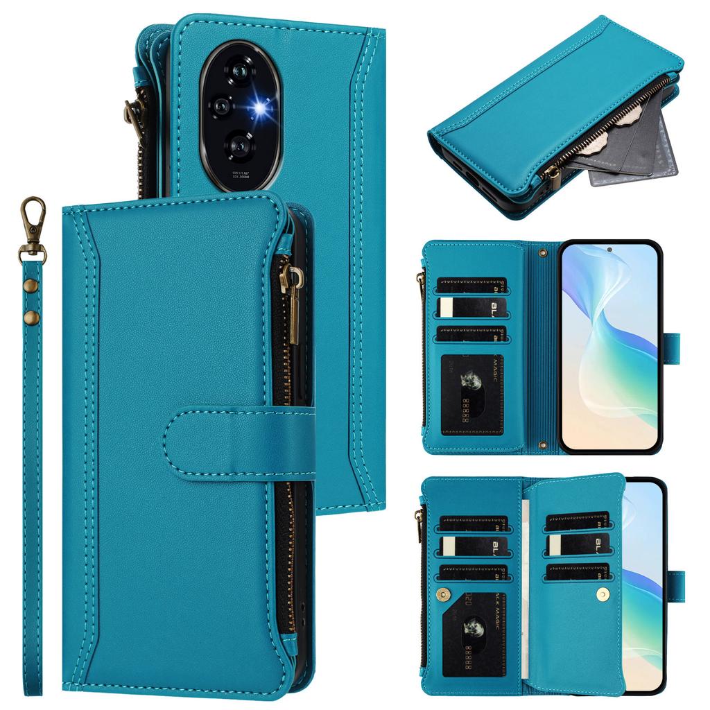 For Honor 200 5G Leather Case 9 Card Slots Zipper Wallet Stand Phone Cover with Wrist Strap