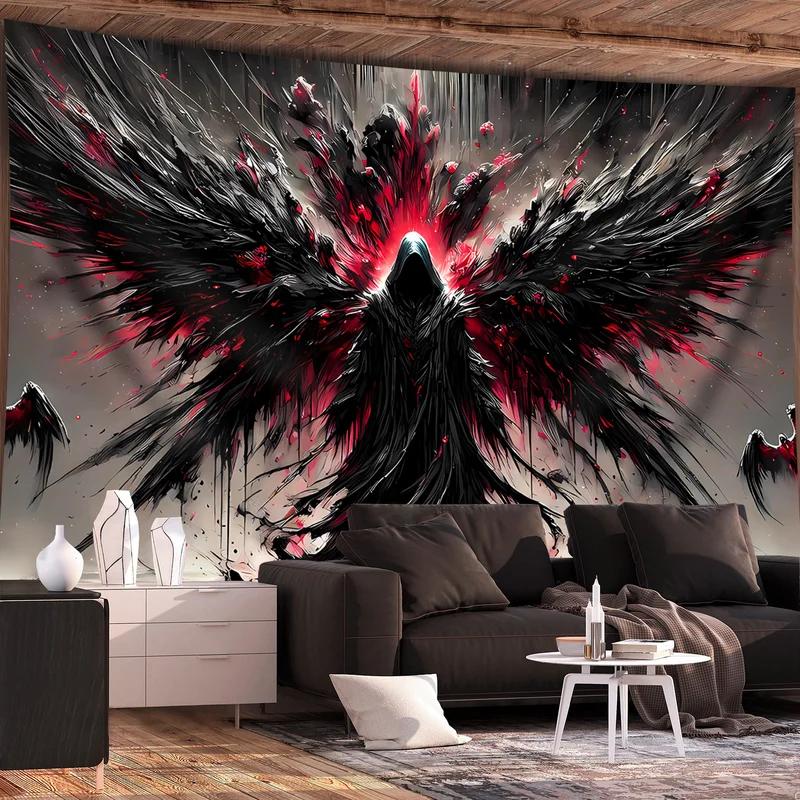 Dark Fallen Angel Tapestry, Black Red Hooded Winged Reaper with Abstract Splatter Wall Hanging for Gothic Room