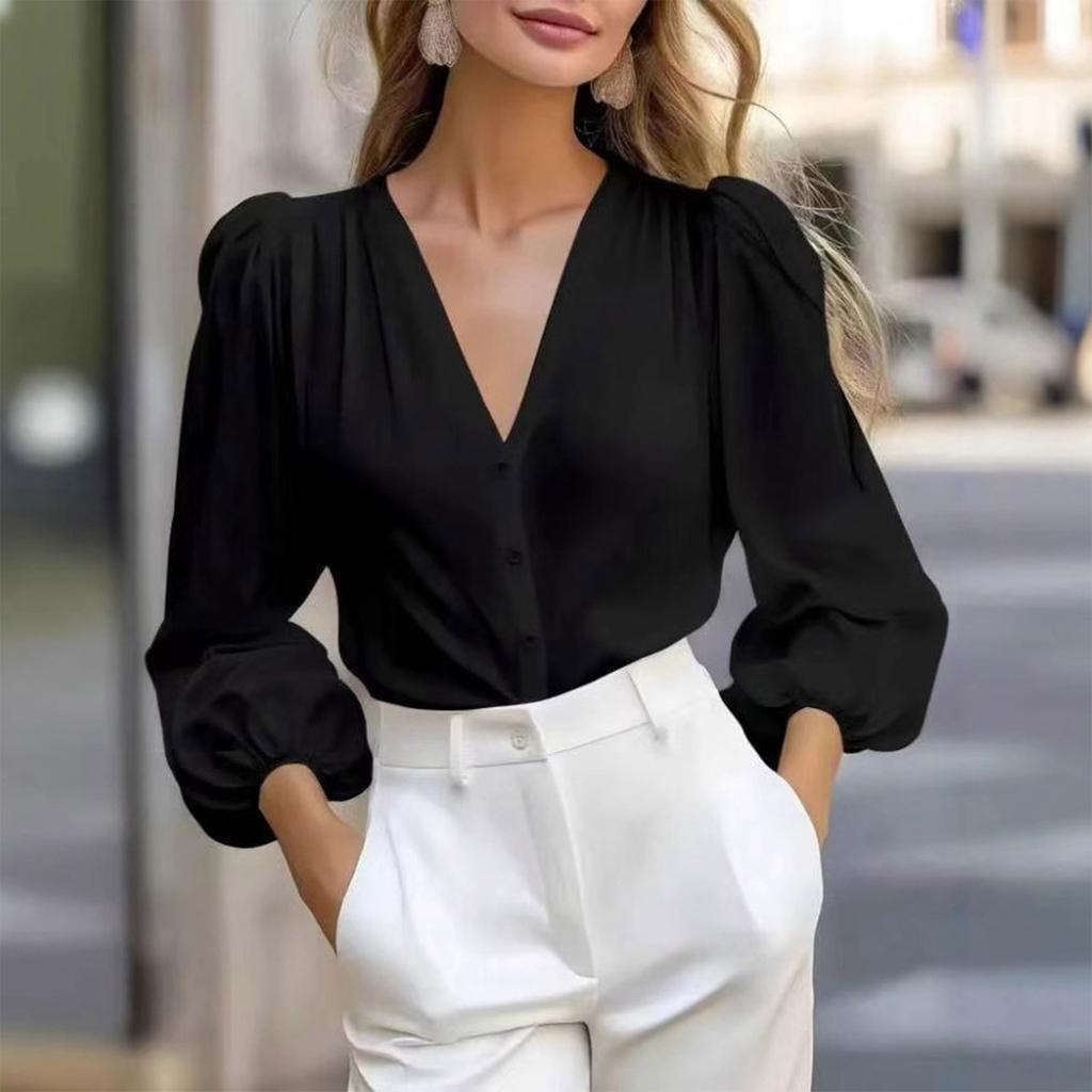 Women's Fashionable Casual Loose-Fitting Stylish Button-Down V-Neck Shirt Top