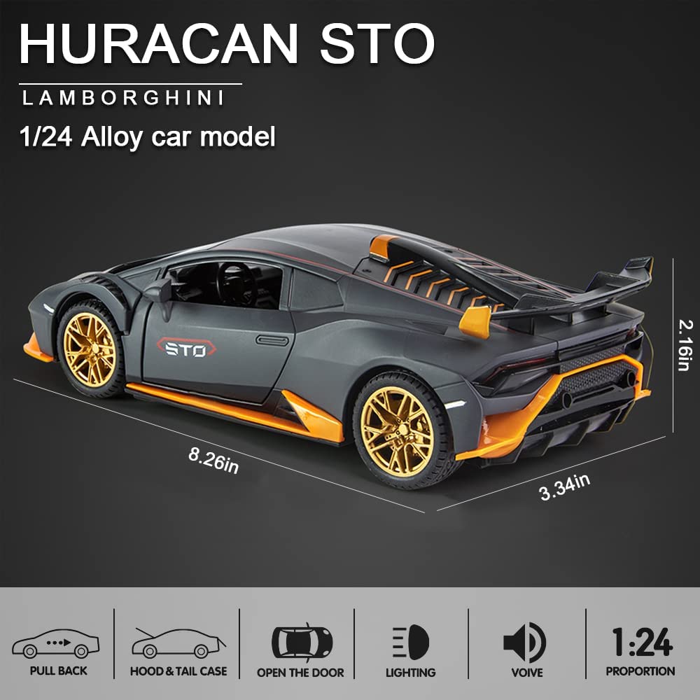 1:24 Scale Alloy Diecast Car Model for Lambo Huracan STO 2021, Pull Back Vehicles Model Cars Toy with Light & Sound for Kids Adult Collection