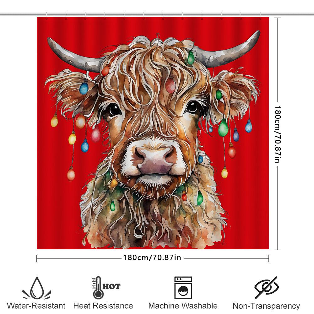 Watercolor Highland Cow Shower Curtain Christmas Lights Rustic Farmhouse Decorative Bath Linen Red Background With Multicolor Fl