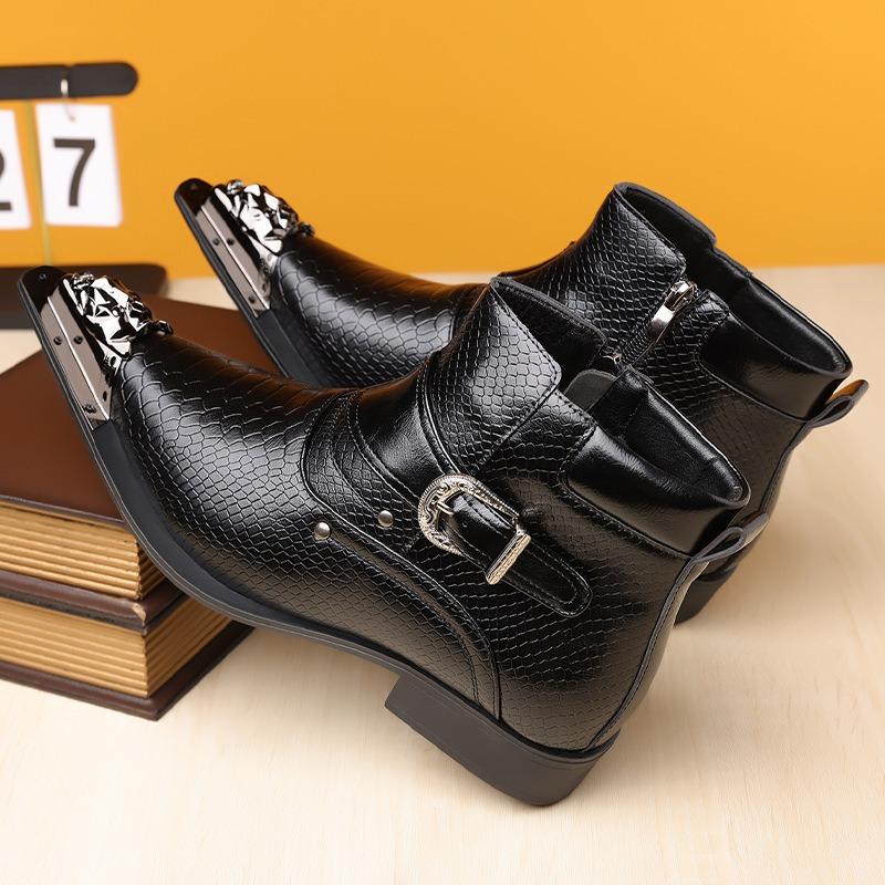 Punk Style Men Pointed Leather Shoe Star Designed Snake Print Stage Performance Party Boots Metal Pointed Motorcycle Cowboy Boot