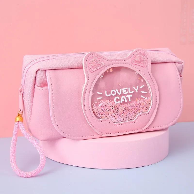 Quicksand Cat Pencil Case Cute Pencil Bag Three Layers Big Pen Case Girls Kawaii Stationery Bag Cartoon Animals Pen Box Student