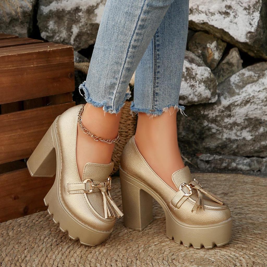 Women's Chunky Heel High Heel Shoes with Tassel Decoration - 2025 Autumn Collection in Plus Sizes