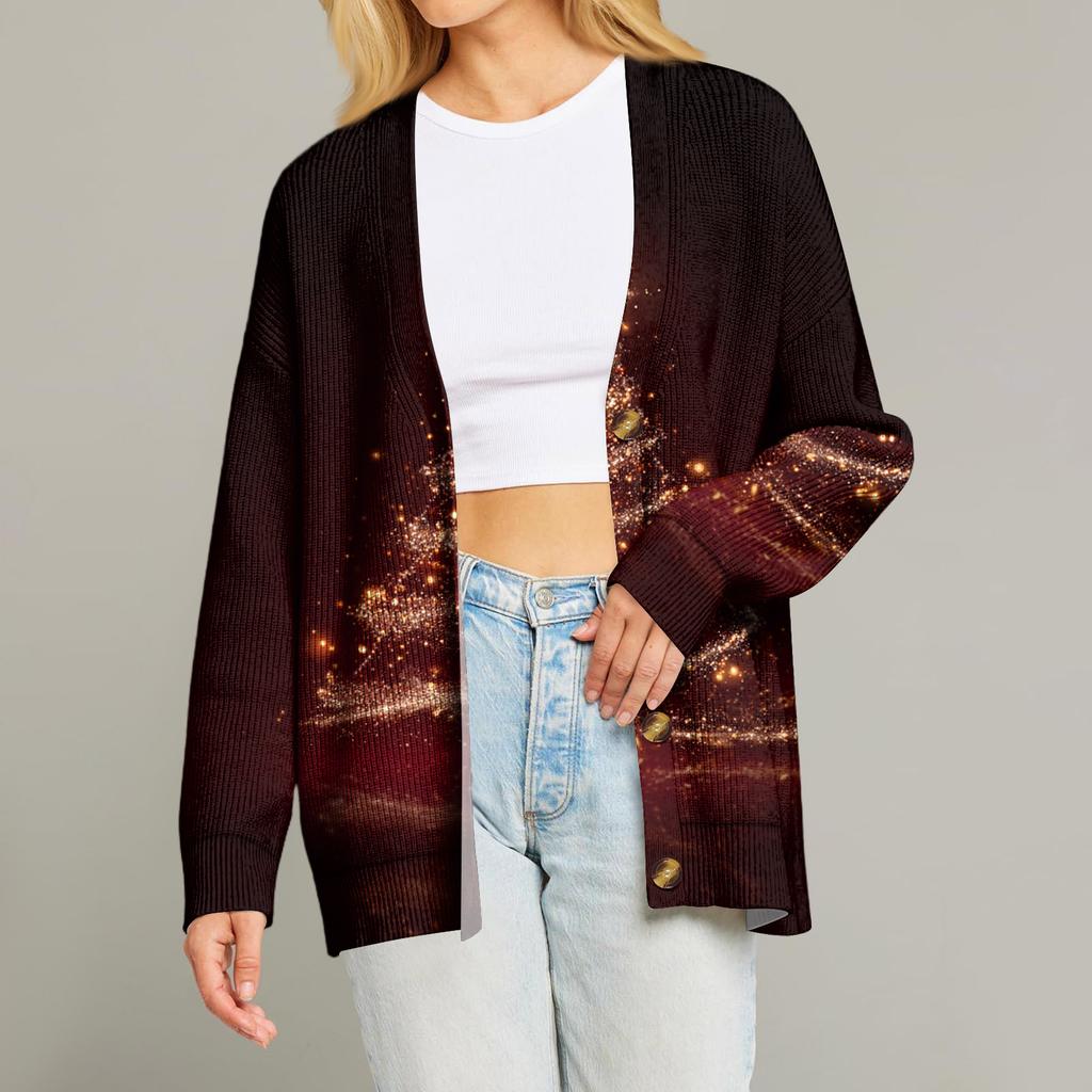 Women's Fashion Long Sleeve Print V-Neck Button Loose Cardigan Top