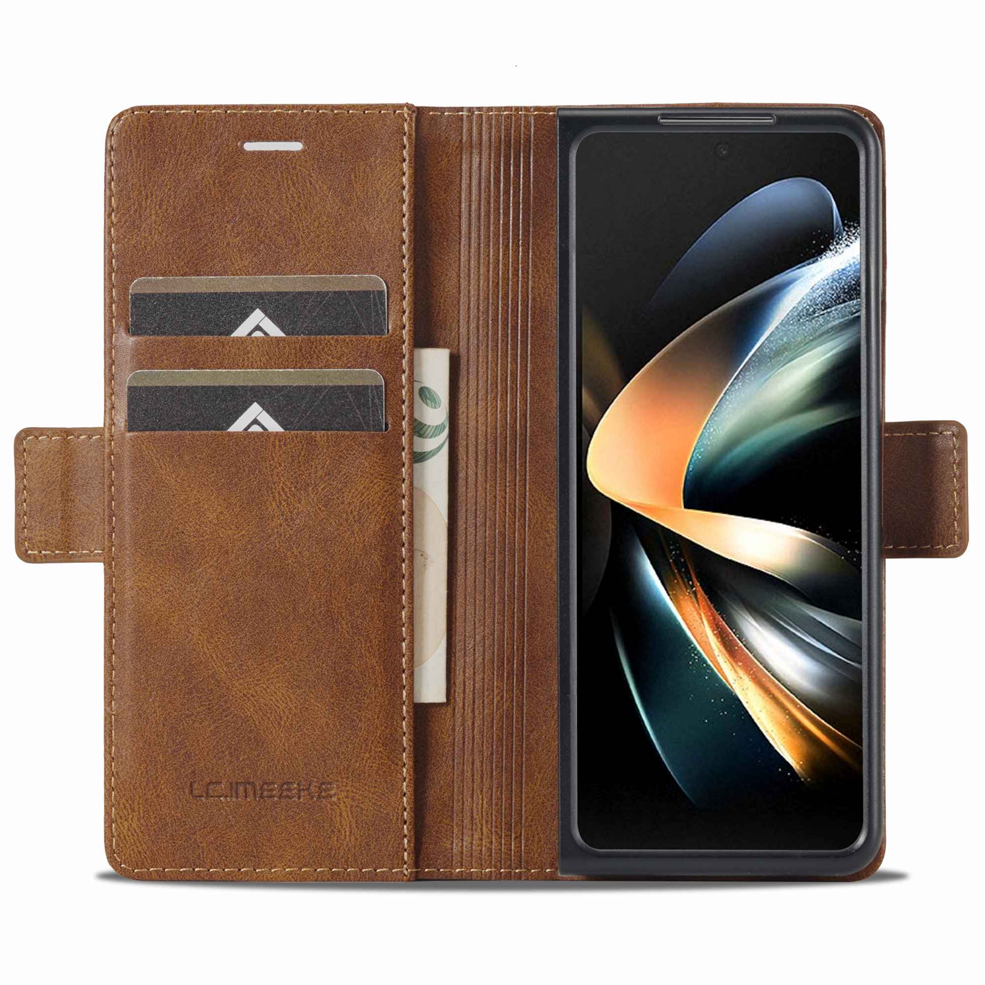 

LC.IMEEKE for Samsung Galaxy Z Fold4 5G Drop-proof Phone Wallet Case RFID Blocking Stand Double Magnetic Clasps PU Leather+PC Phone Cover Brown