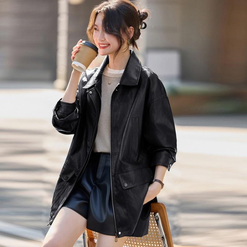 Womens Mid-Length PU Leather Coat 2026 Fall Loose Fit Oversized Jacket With Collar Black Red Coffee