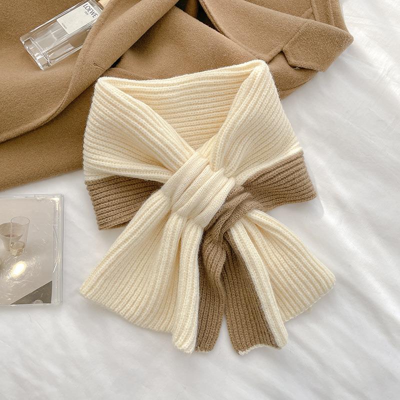 Short Scarf for Women Autumn and Winter Cross Knitted Scarf Korean Version Color Matching Winter Warm Lazy Neck Gaiter