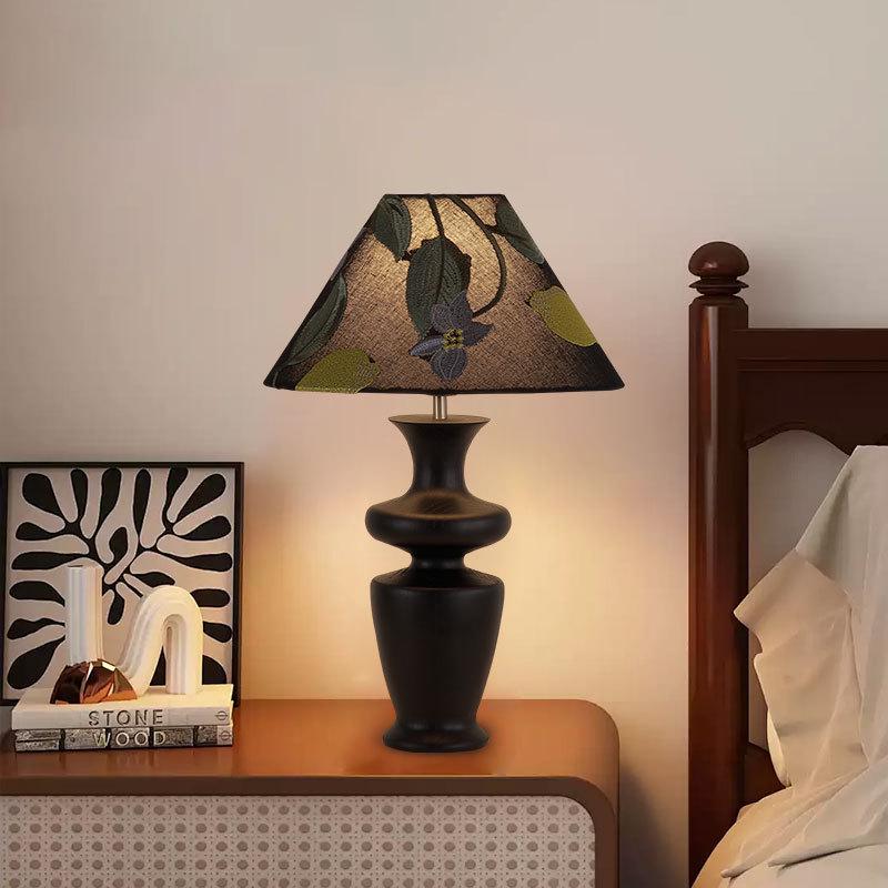 French Retro Mid-Century Wood Bedroom Lamp, Wabi-Sabi Style with Fabric Shade