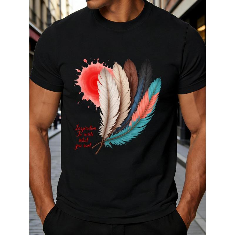 European sizes Bohemian Style Men S T-Shirt with Feathers And Inspirational Text for Casual Wear in Spring And Summer Perfect Gift S