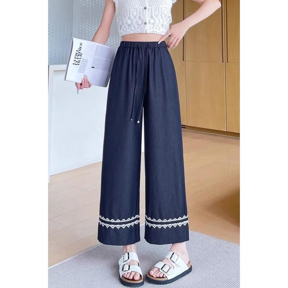 

Корейские женские летние тонкие широкие брюки с высокой посадкой, свободные, маленького роста, кружевные, прямые 4XL синий