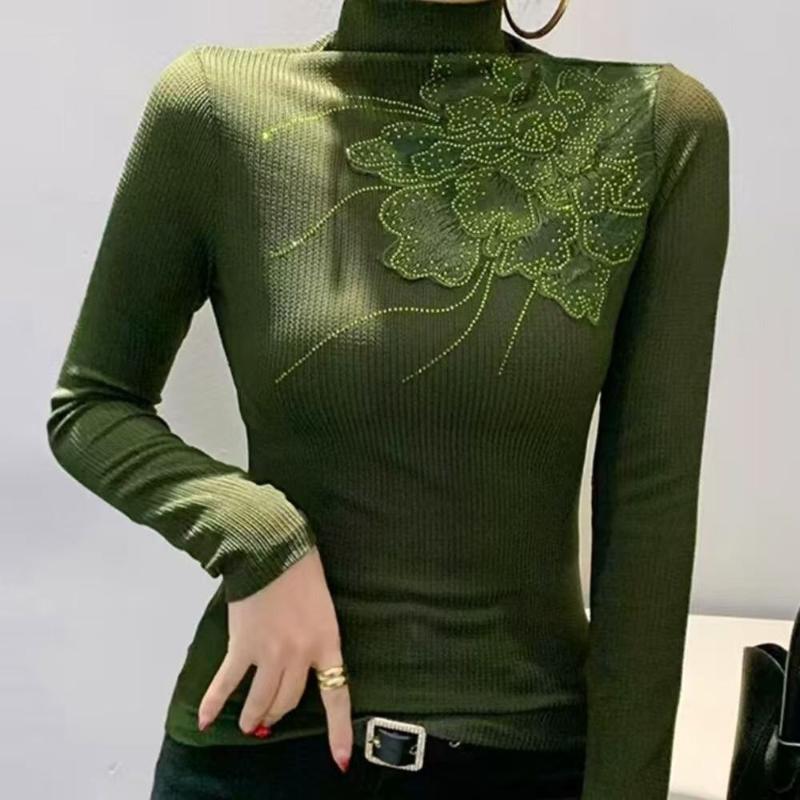 Fashionable Turtleneck BottomingWomen Hollow Hot-drilled Long-sleeved T-shirt Tight-fitting Inner Top