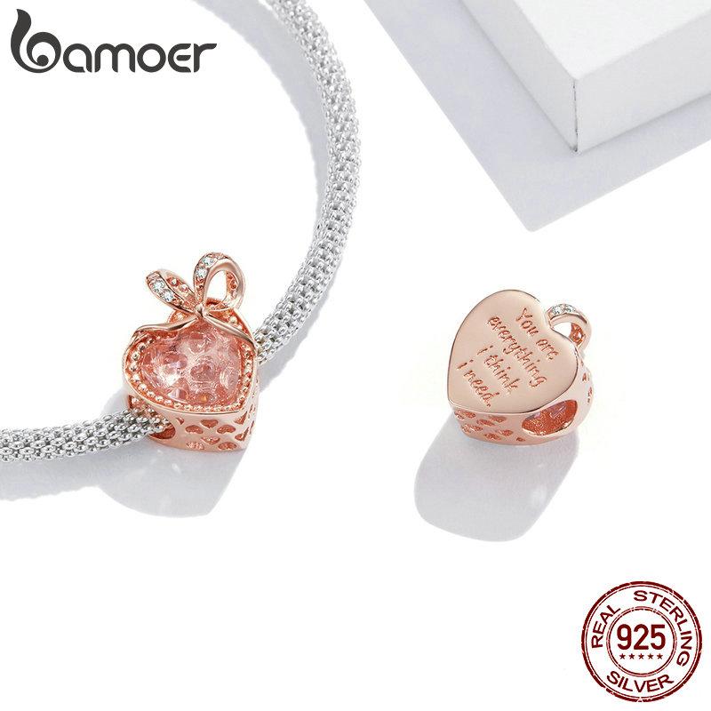 BAMOER 925 Sterling Silver Roséguld Hjärtformad Zirkonpärla, Kvinnor Romantisk rosett Gift of Love Charm Hänge som passar Original 3 mm armband DIY smycken