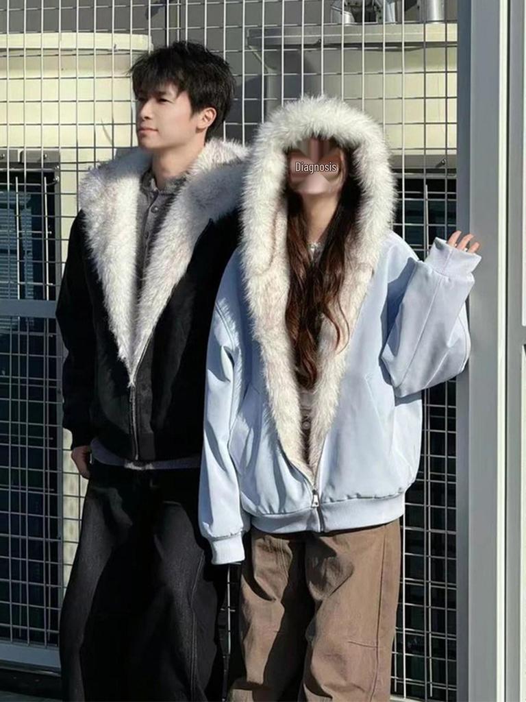 American Style PU Leather Fur Collar Cotton Jacket - Unisex Winter Outerwear, Velvet Lined, Thickened for Warmth.
