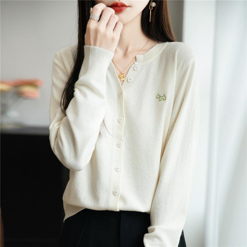 2025 Early Autumn Slimming Embroidered Cardigan - Women's Long Sleeve Notched Collar Knitwear