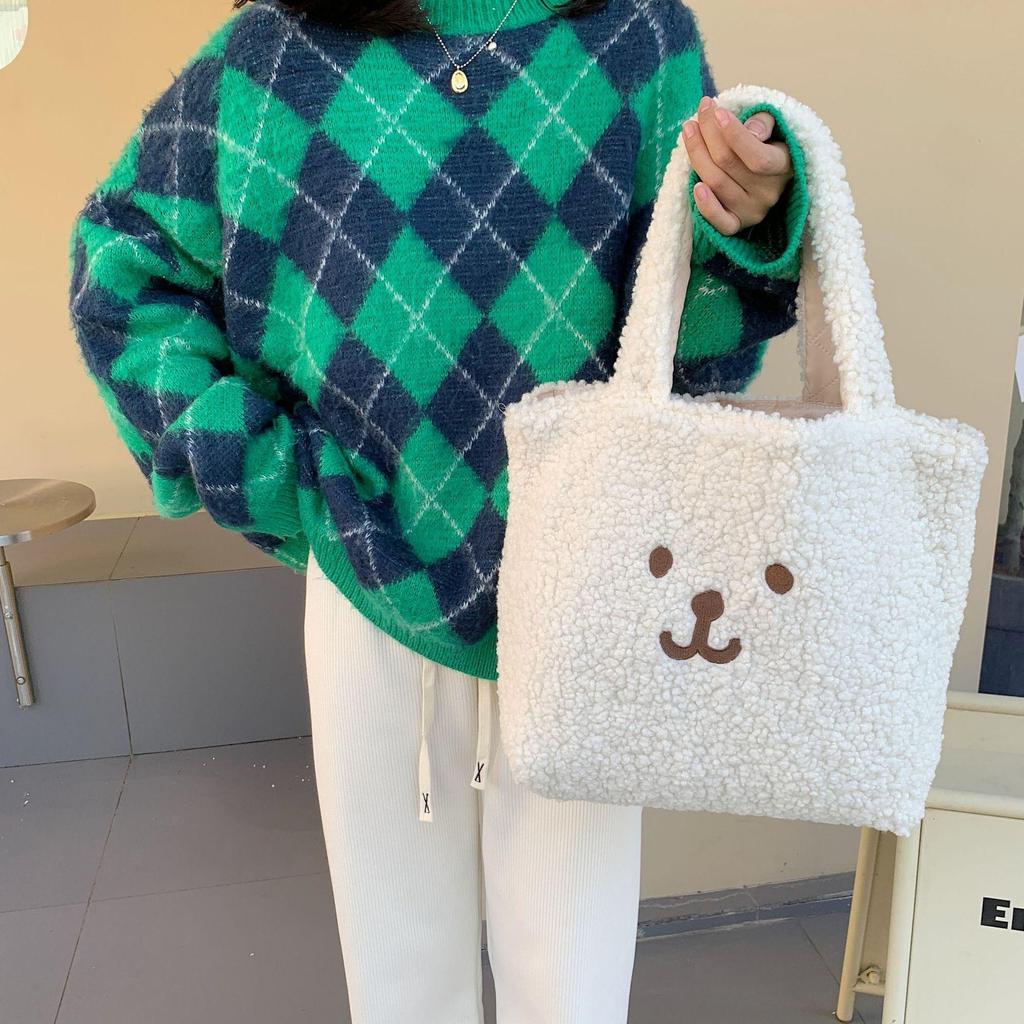 Women Cute Plush Bear Girl Heart Embroidery Double Sided Shoulder Bag