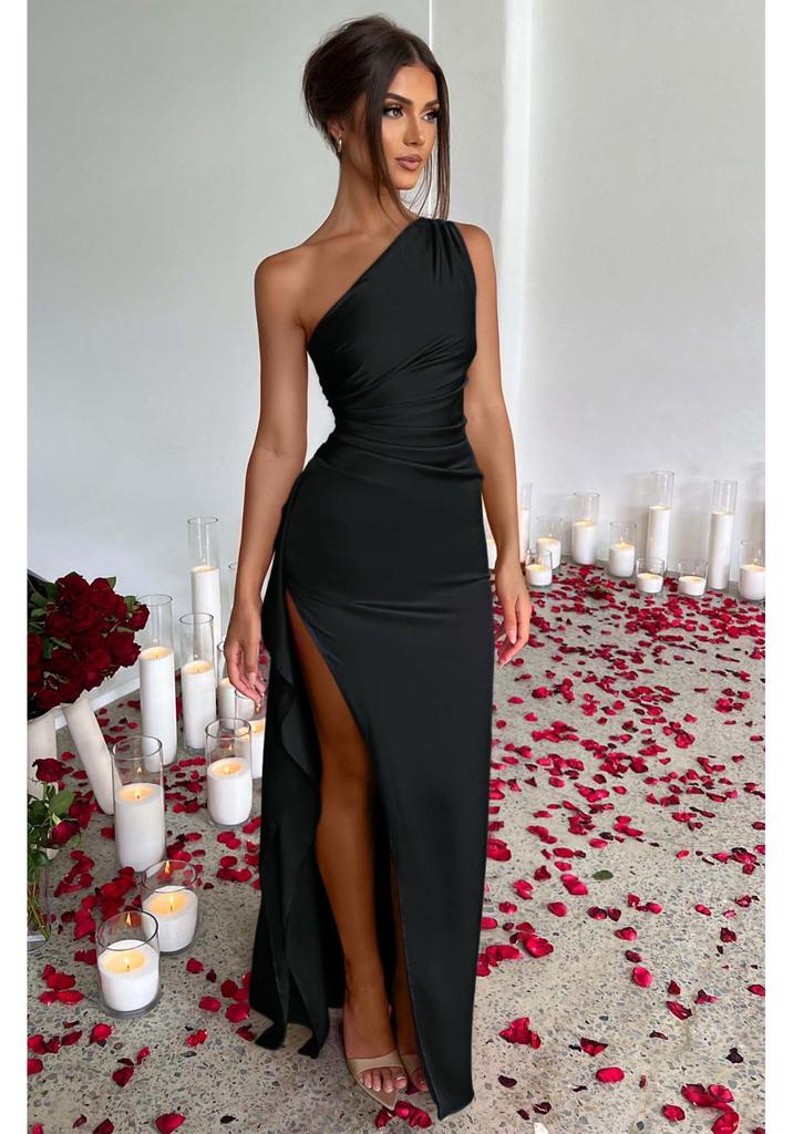 2025 One-Shoulder Ruched Slit Satin Dress: European & American Summer Slim Fit