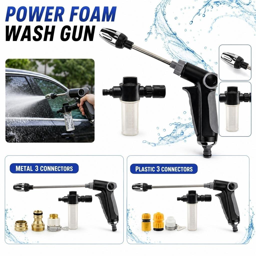 Portable High Pressure Water Gun Car Washer with Foam Bottle and Black Connector Includes Three Brass Adapters for Home Use