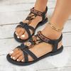 Fashion Ethnic Flower Open Toe Sandals Woman Retro Elastic Band Low Heel Black Sandal Female New Cross Strap Soft Sole Sandalias Mujer