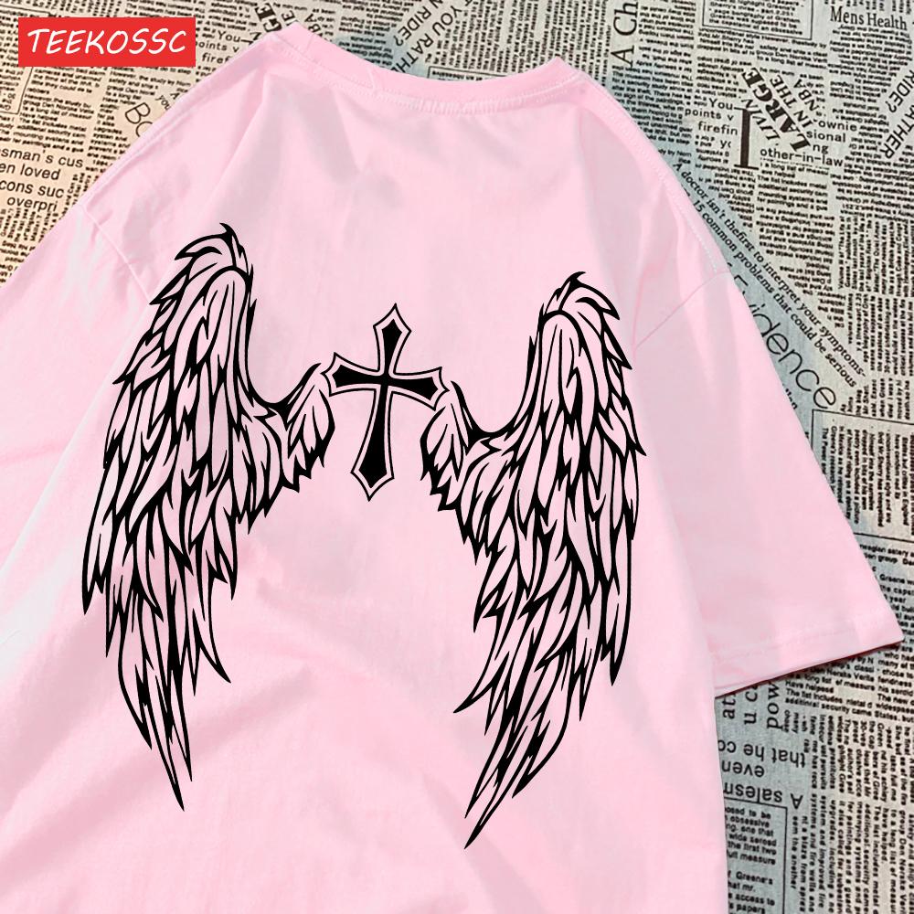 Casual Cotton Womens TShirts Cross Body And Flying Wings Funny Prints Short Sleeve ONeck Soft Oversize Fashion Female Clothes