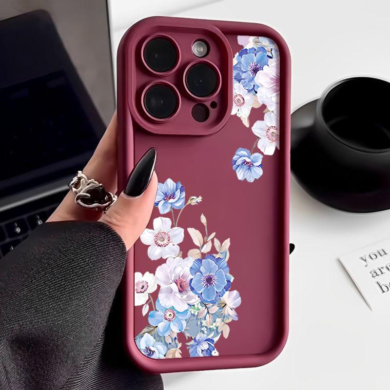 Prosty niebieski kwiatowy nadruk odporny na wstrząsy matowy futerał na telefon TPU do iPhone'a 16 Pro 15 Pro Max 14 Plus 13 12 11 XR XS 8 7 Ochrona obiektywu miękka tylna obudowa