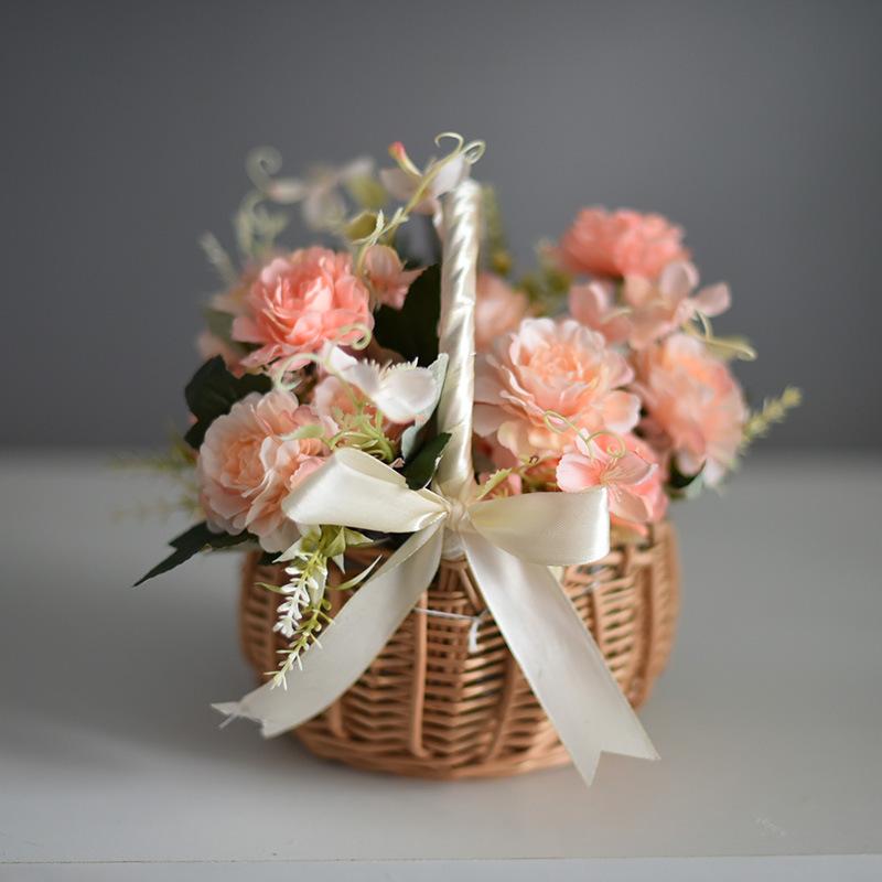 Wicker Flower Basket Picnic Baskets Pearl Handle And Bow Basket Handwoven Rattan Basket Flower Plant Baskets Wedding Party Decor