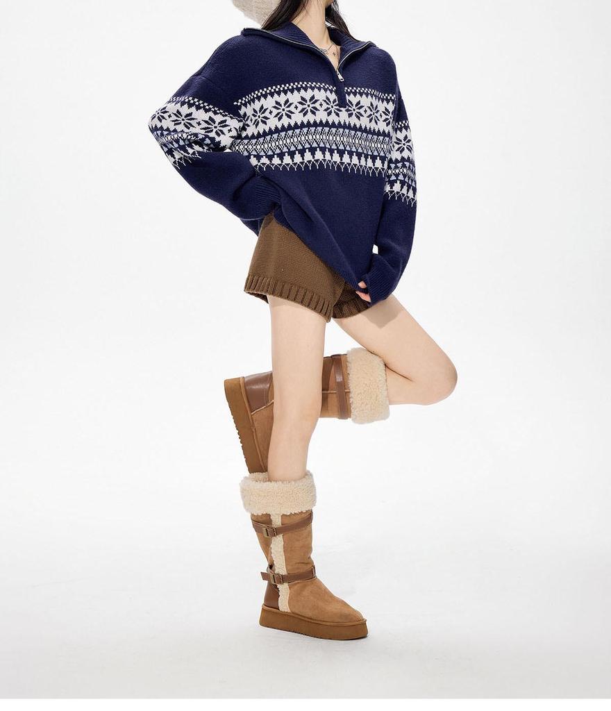 Unisex Röd Retro Fair Isle Halvdragkedja Hög Halsstickad Tröja